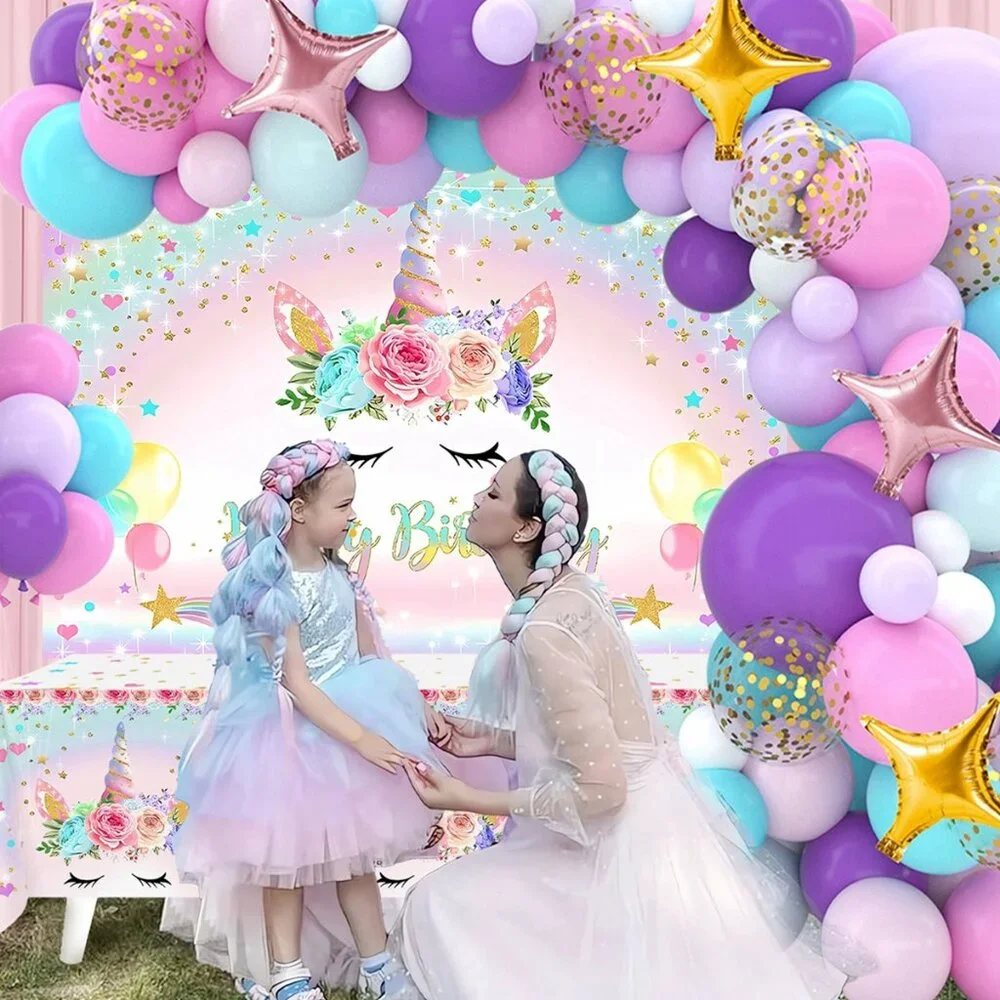 Unicorn Birthday Decoration Set - Backdrop, Balloons, Table Cloth